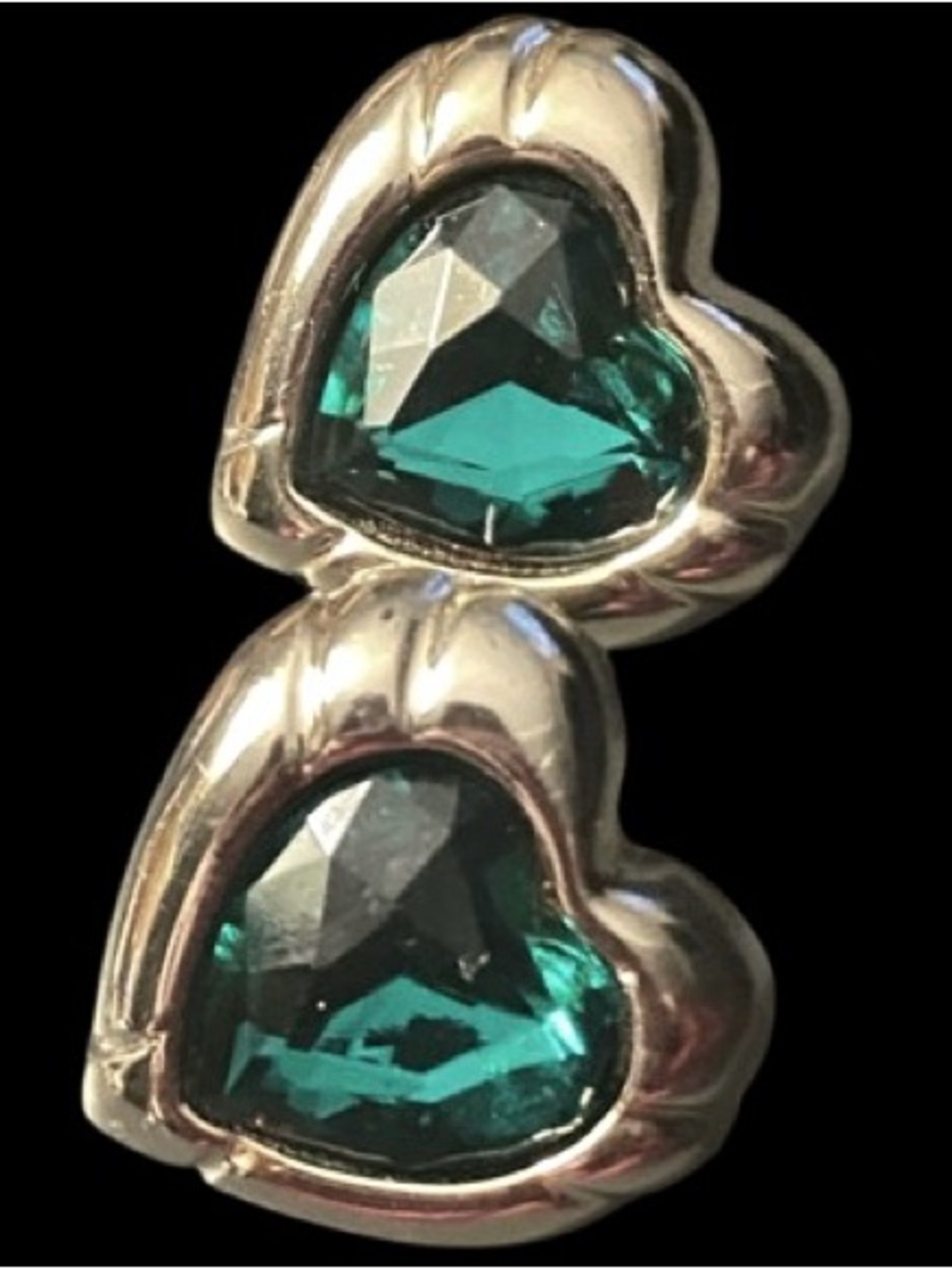 Vintage Silver Metal Heart Shaped Pierced Stud Earrings With Green Faceted Glass